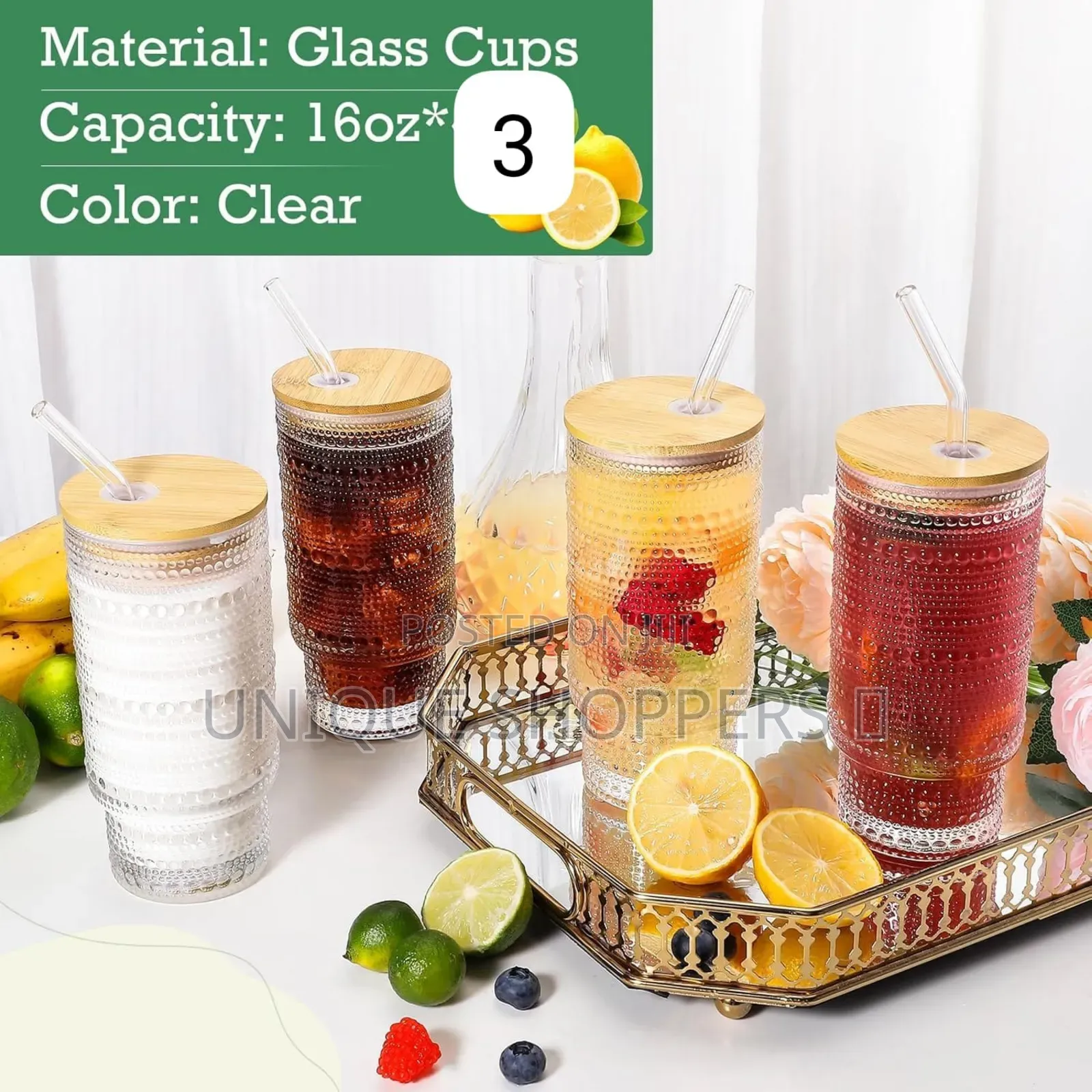 475ml Glass Cups With Lids and Straws, Vintage Embossed Tumbler