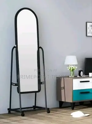 3. “Sleek Black Standing Mirror With Wheels Multi-Level Shoe Rack”