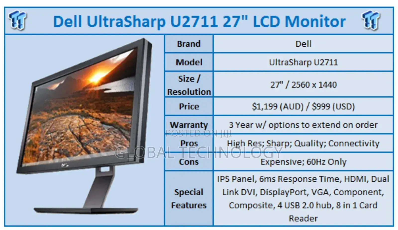 Dell Ultrasharp U2711 QHD 27inch 6 in-Puts 2560x1440