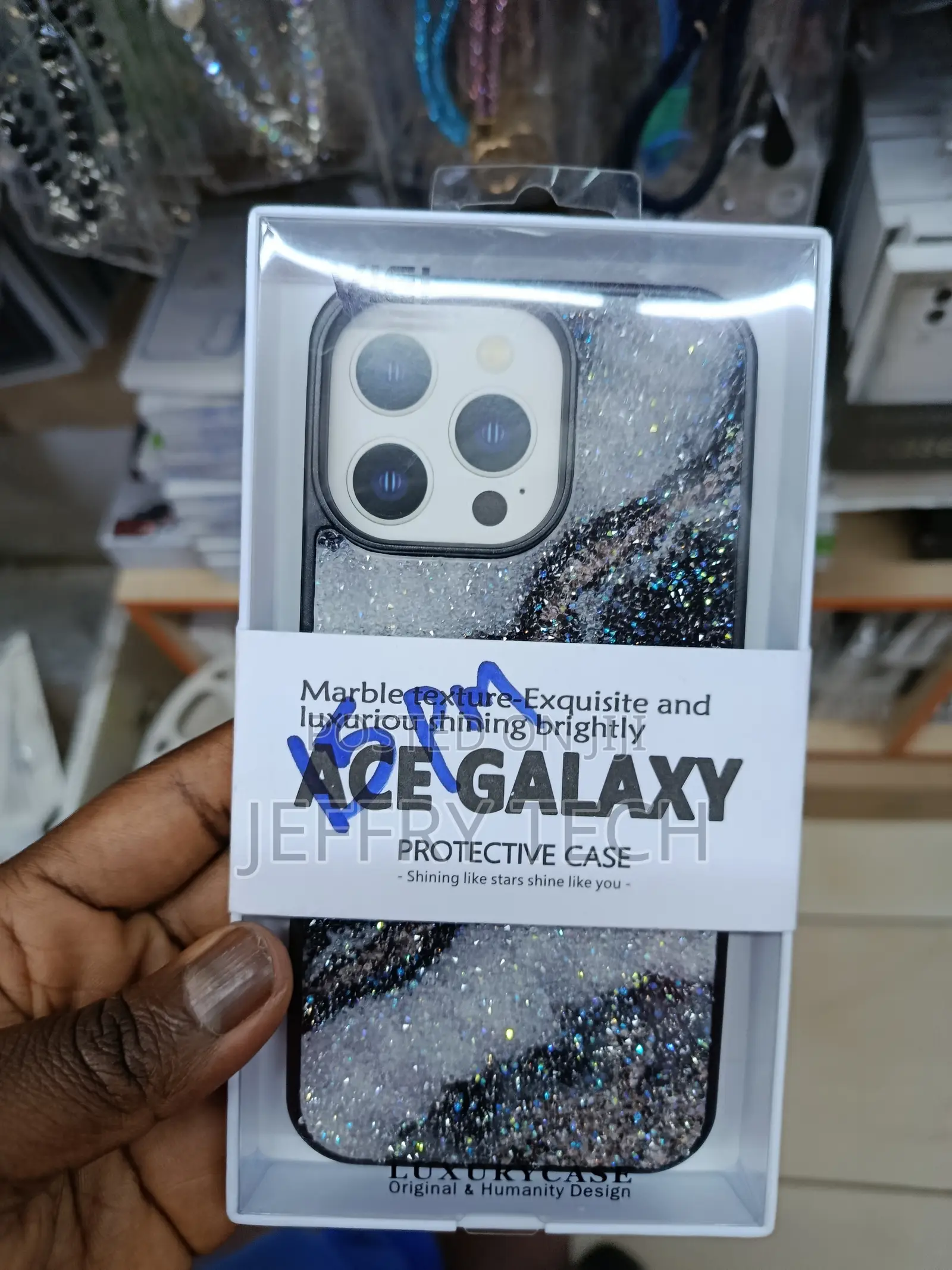 Cyan Glitter Marble Ace Galaxy Design Case for iPhone 15 Pro Max