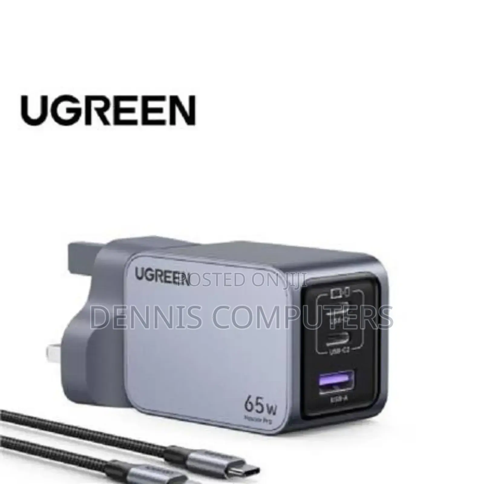 Ugreen Nexode Pro 65w 3-Port Gan Fast Charger Uk Grey +1.5m 100w Cable