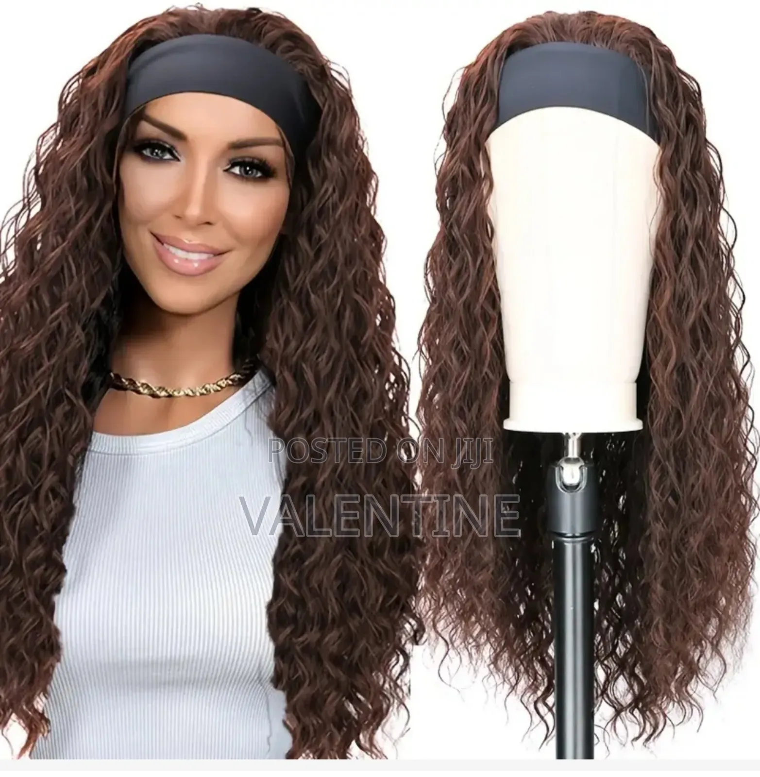 Elegant Dark Brown Long Curly Wave Headband Wig for Women