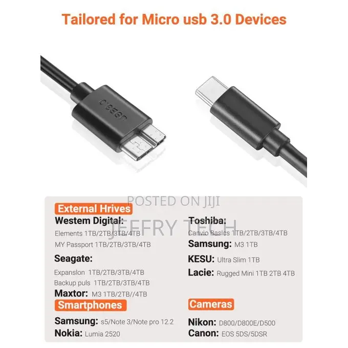 Type C 3.0 to Micro B Cable Hard Drive Cable 5gbps Fast Charging Sy