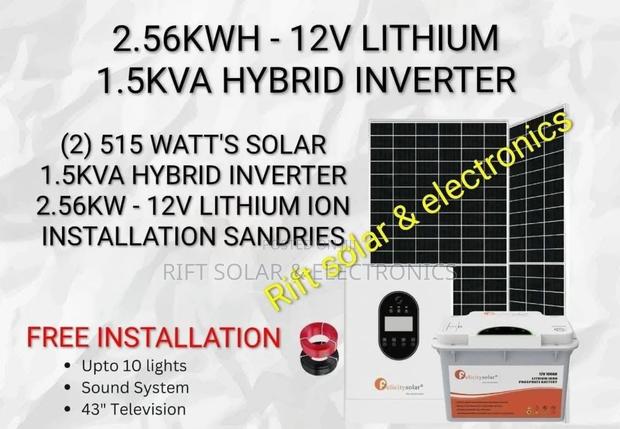 2.56kwh - 12v Lithium - 1.5kva Hybrid Inverter - (2)515w Solar Panels
