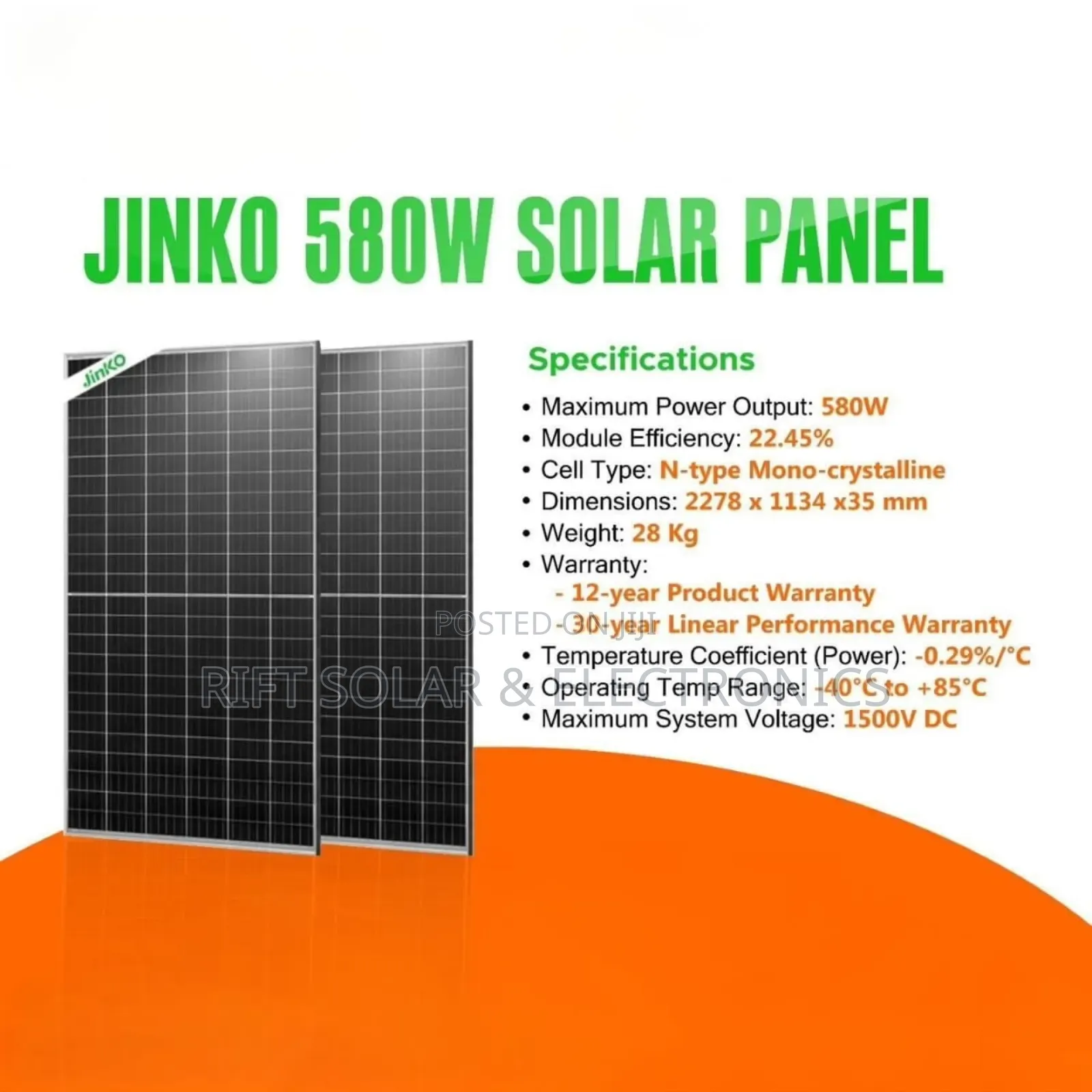 Jinko 580 Watts Monocrystalline All Weather Solar Panel