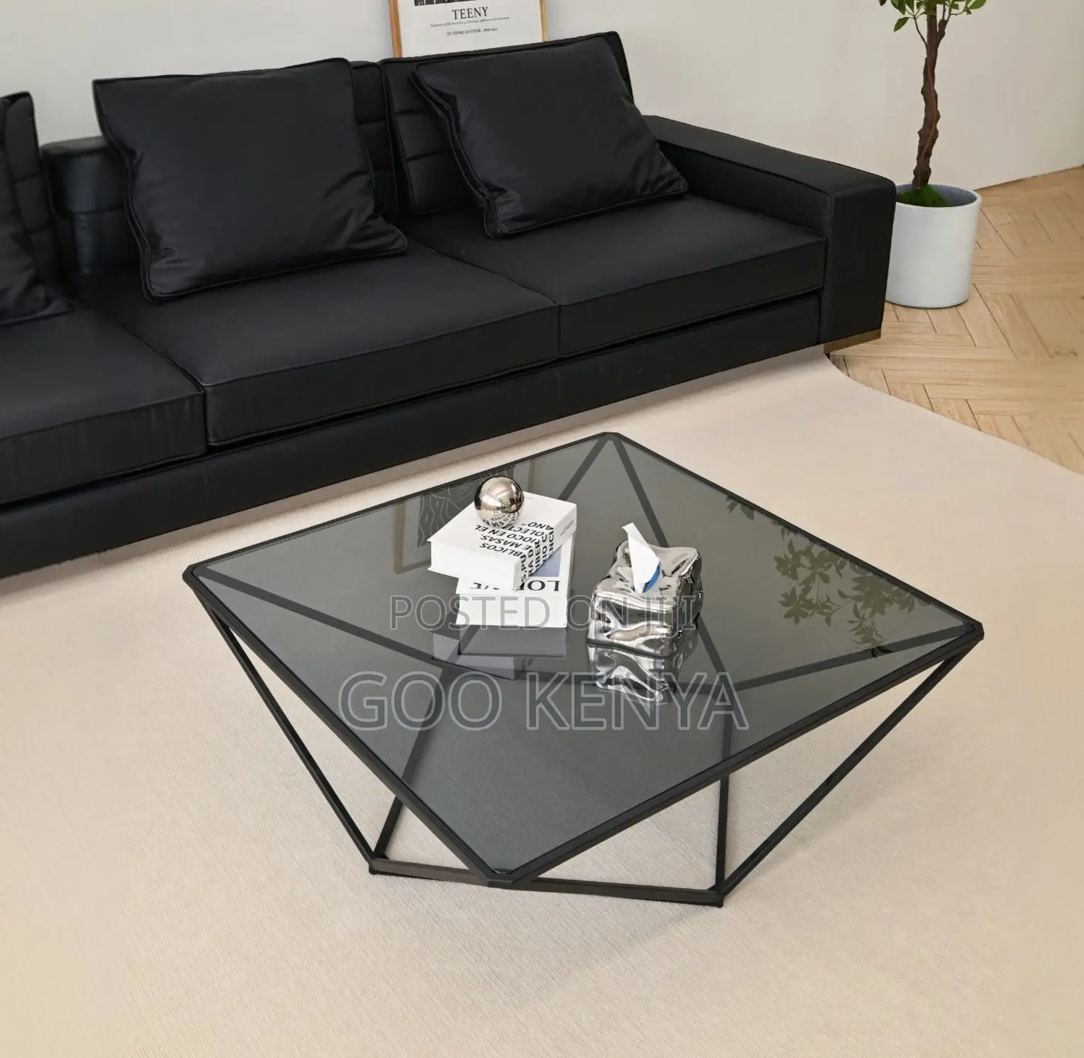 Home Table; Modern Black Glass Square Coffee Table for Living Room