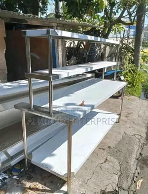 Stainless Table, Kitchen Food Preparation Table With Overhead Shelves.