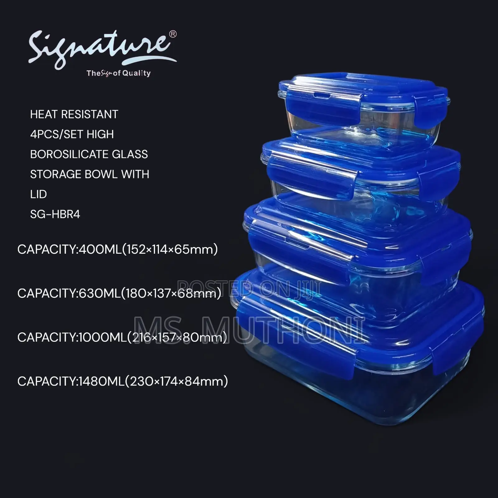 Sghbr4 Signature High Borosilicate 4pcs Glass Storage Bowl With Lid