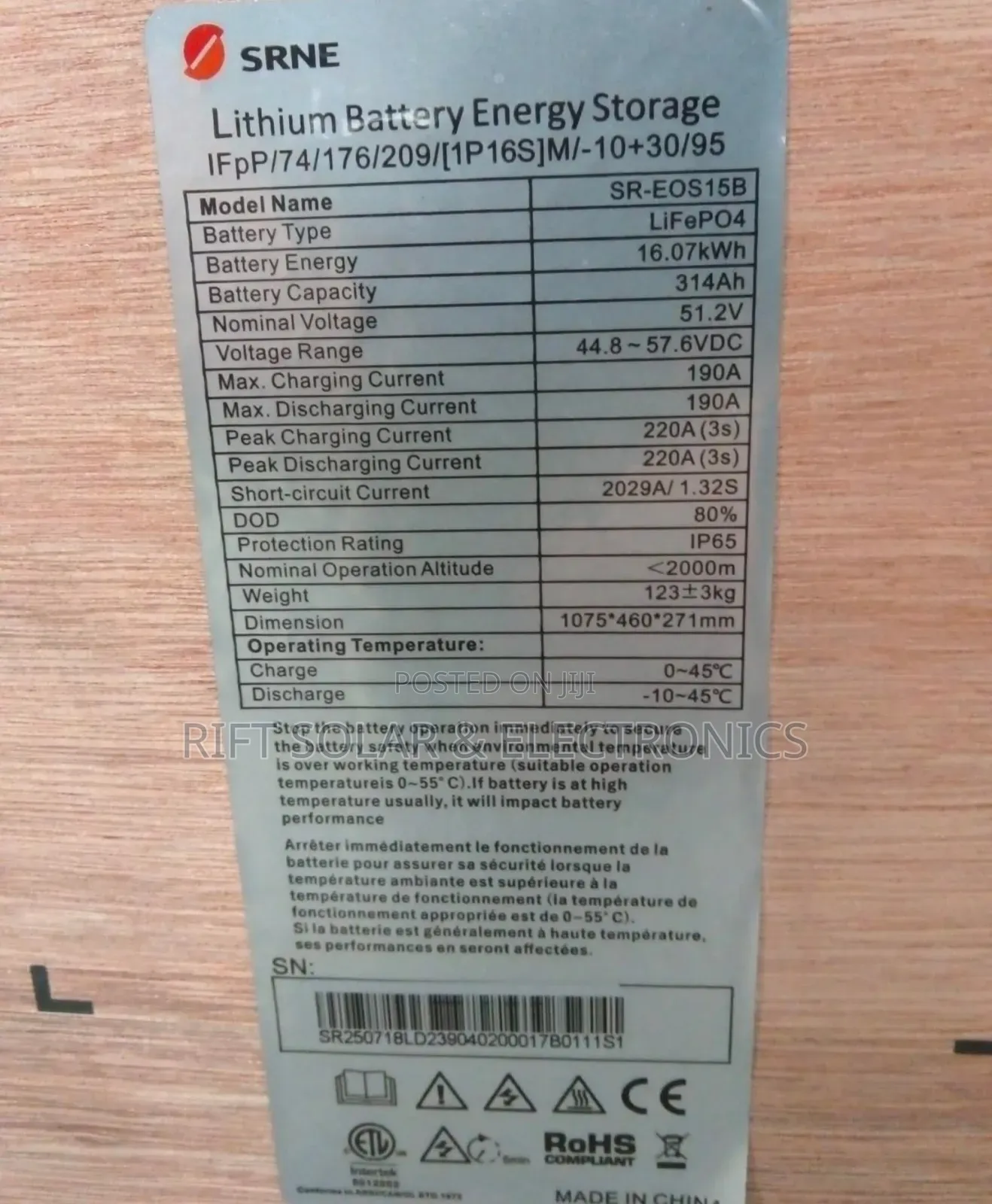 SRNE 16kwh - 51.2v (315Ah ) Lithium Lifepo4 Battery 6000 Cycle