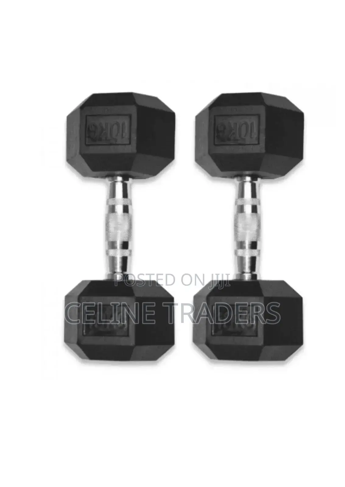 10kg Black Rubber Hexagonal Dumbbells Pair