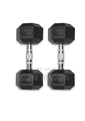 10kg Black Rubber Hexagonal Dumbbells Pair