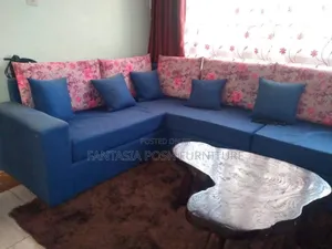 5 Seater Blue Floral L-Shape Sofa - Pay on Delivery