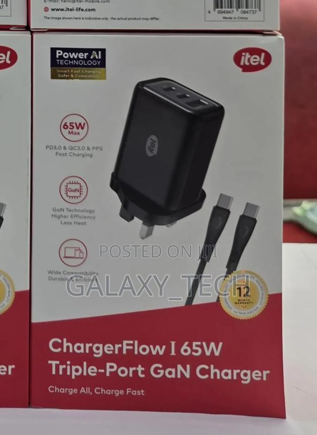 Itel 3 Port Gan Laptop//Phones Charger 65watts - thumbnail 2