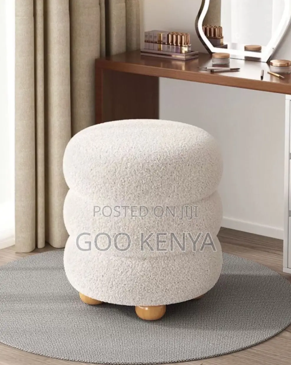 Home Vanity Stool; Round White Ottoman Vanity Stool for Bedroom