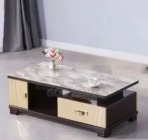 Home Table; Gold-Accented Marble Coffee Table With Storage Drawers