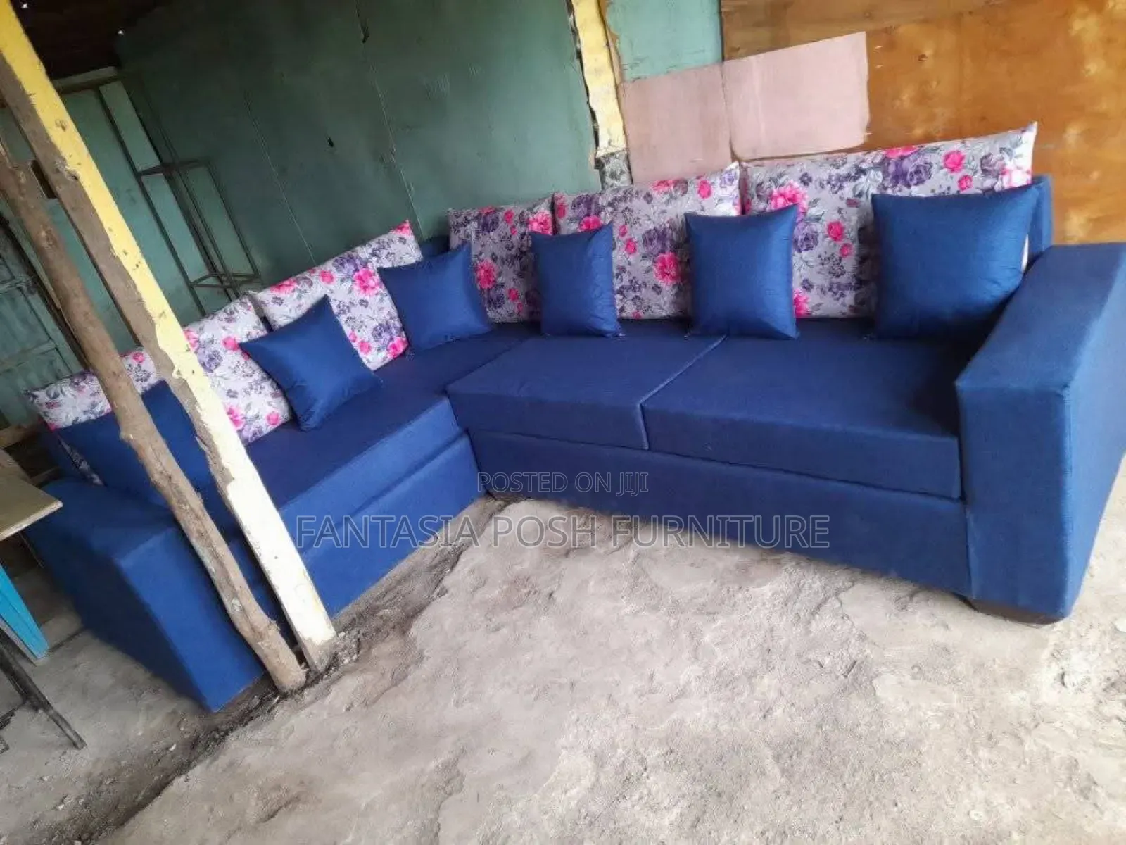 5 Seater Blue L-Shaped Sofa - Now Available