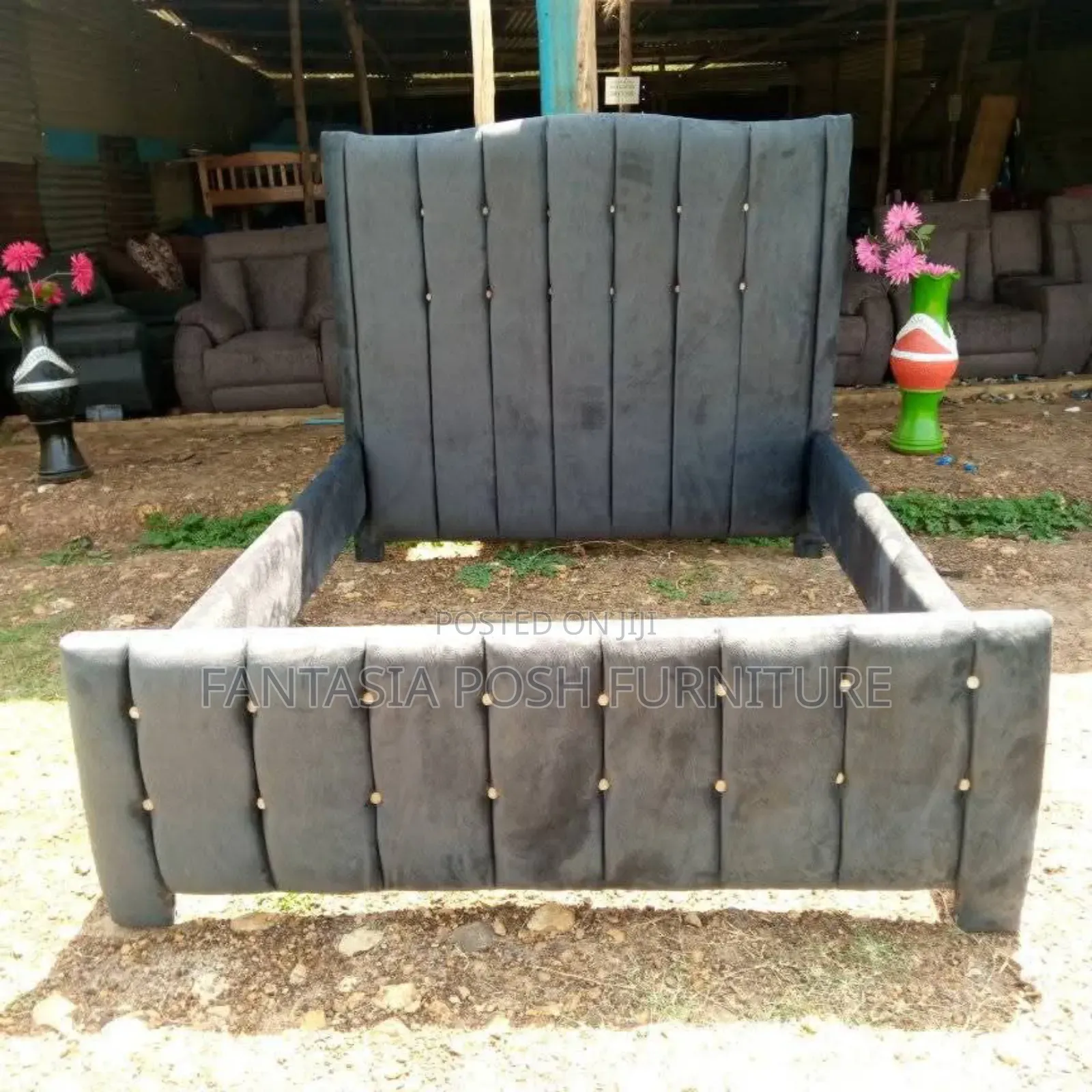 5x6 Grey Upholstered Bed With Button Accents