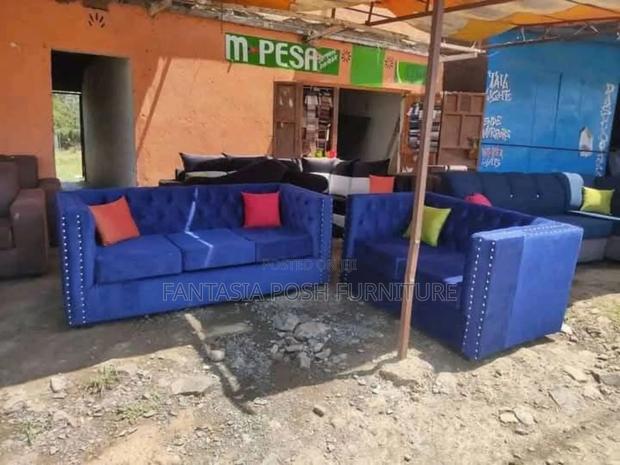 5 Seater Tufted Sofa in Blue Upholstery - Free Delivery