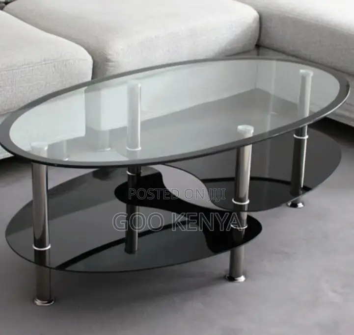 Home Table; Oval Tempered Glass Coffee Table With Double Deck