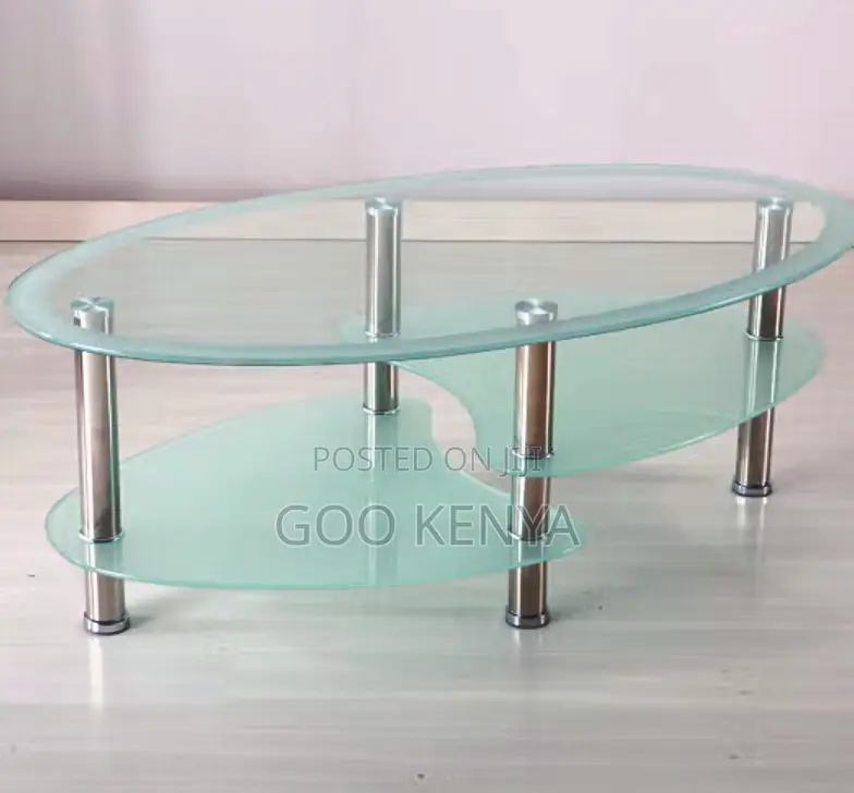 Home Table; Oval Tempered Glass Coffee Table With Double Deck
