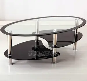 Home Table; Oval Tempered Glass Coffee Table With Double Deck