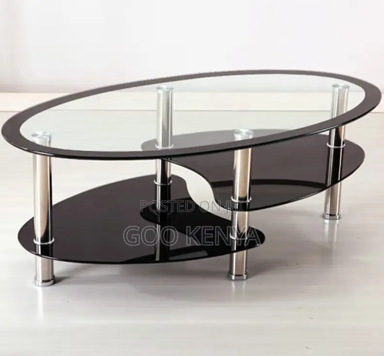 Home Table; Oval Tempered Glass Coffee Table With Double Deck