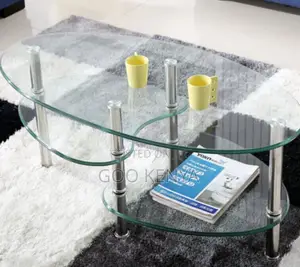 Home Table; Oval Tempered Glass Coffee Table With Double Deck