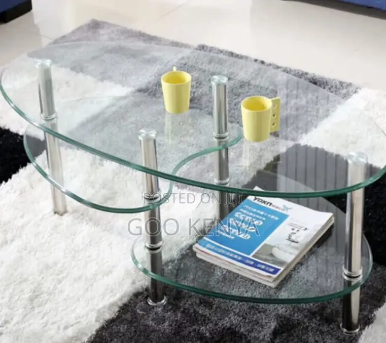 Home Table; Oval Tempered Glass Coffee Table With Double Deck