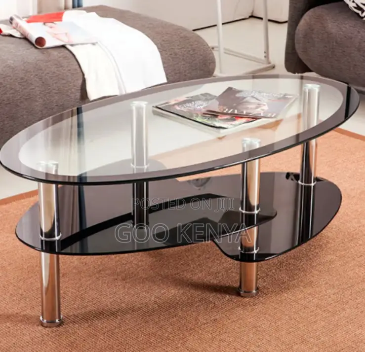Home Table; Oval Tempered Glass Coffee Table With Double Deck