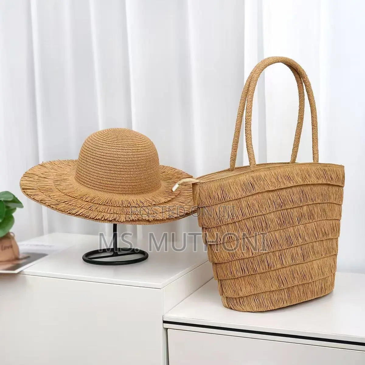 Woven Straw Sun Hat and a Matching Tote Bag.