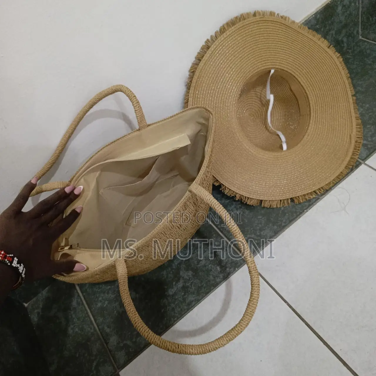 Woven Straw Sun Hat and a Matching Tote Bag.