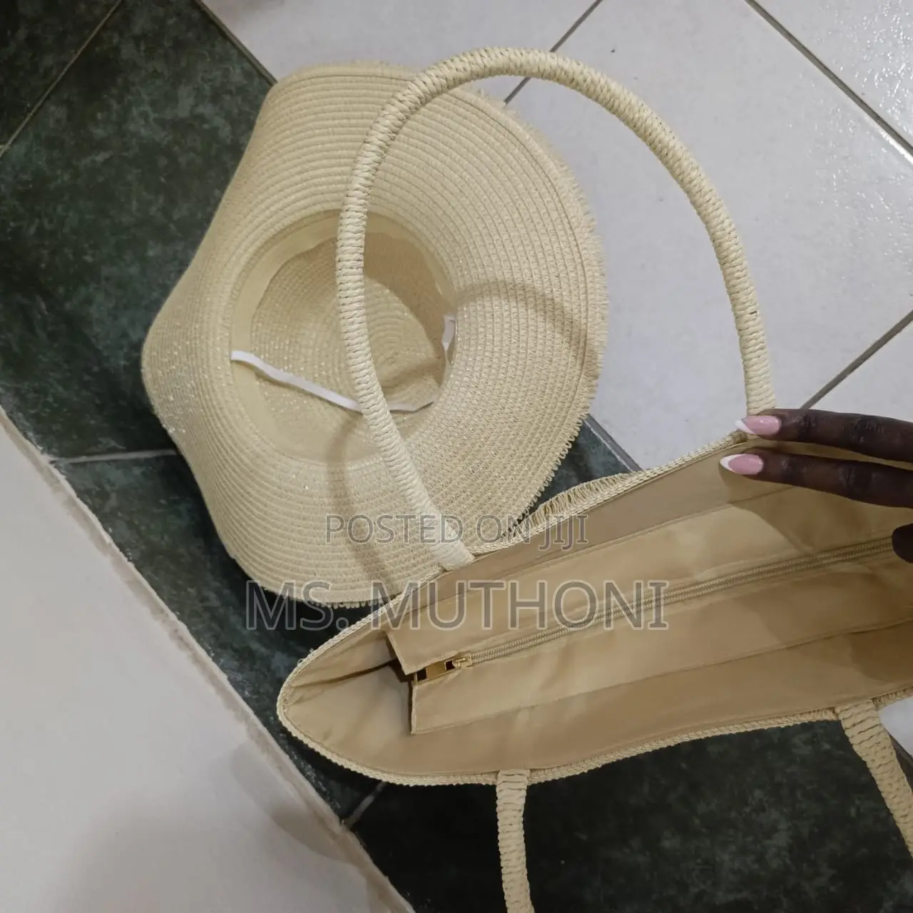 2 Piece Set Natural Straw-Effect Sun Hat and Matching Bag.