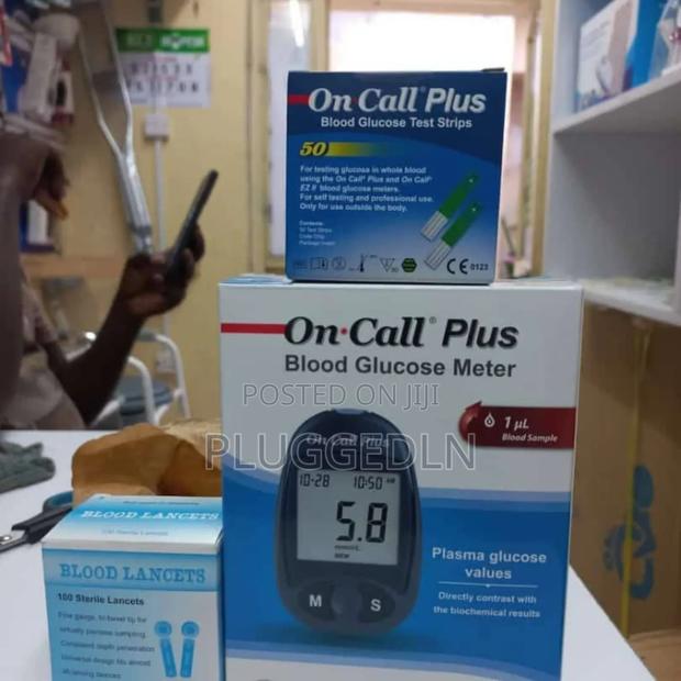 Glucometer + on .Call Plus Blood Glucose Test Strips and Lancet - main view