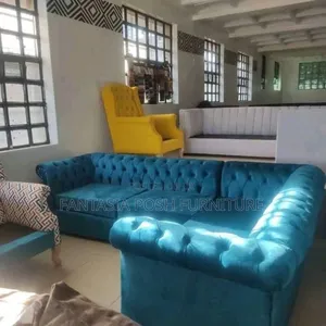 Royal Blue Velvet L-Sofa Set