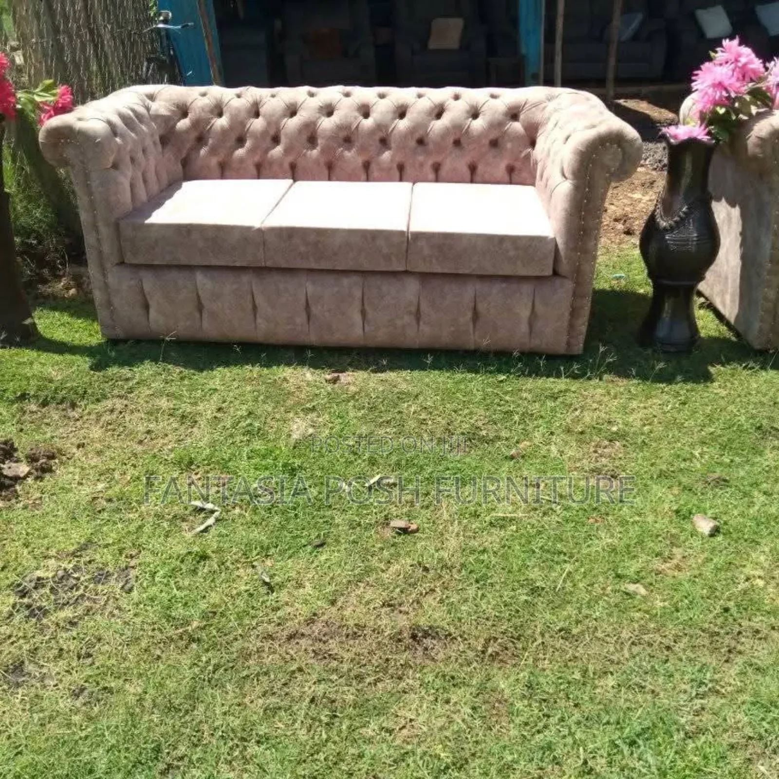 3-Seater Tufted Fabric Sofa With Rolled Arms