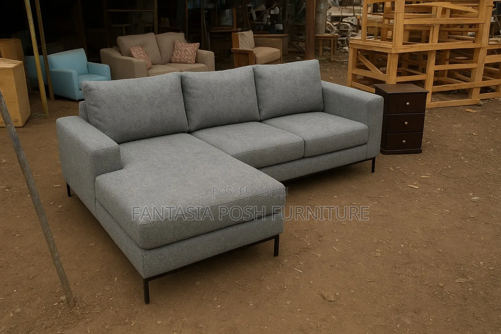 5 Seater Modern L-Shaped Grey Fabric Sofa - Pay on Delivery