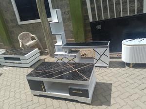 Tv Stand White + Matching Coffee Table With Marble Top Black - thumbnail 2