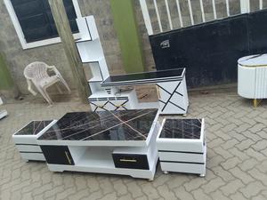 Tv Stand With 2 Stools And Coffee Table White Marble Top Black - thumbnail 2