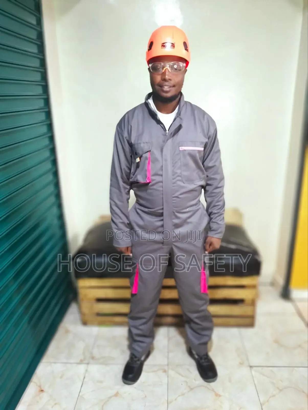 Zip Closure Cargo Pocket Overall Grey Body and Pink Pockets