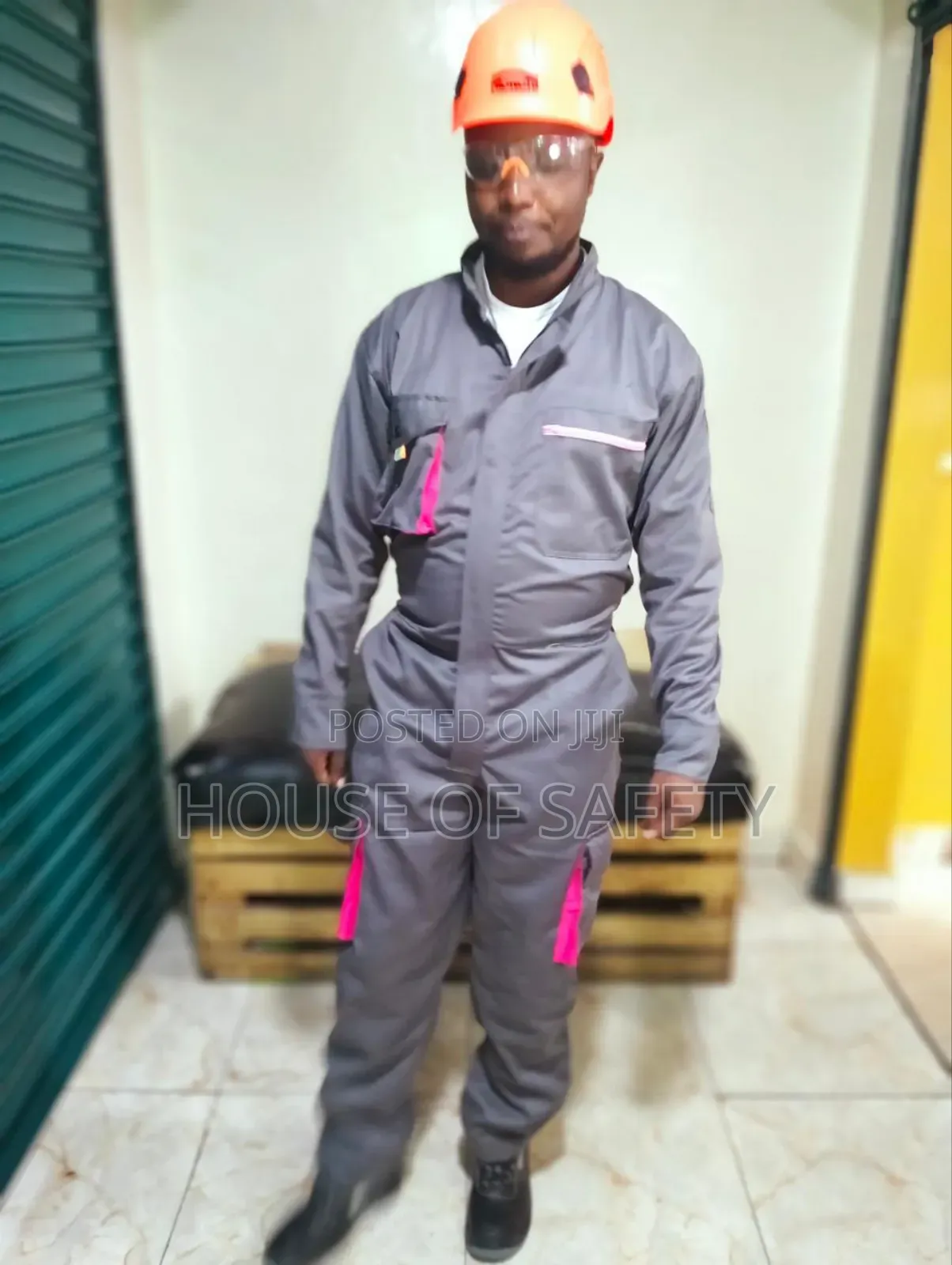 Zip Closure Cargo Pocket Overall Grey Body and Pink Pockets