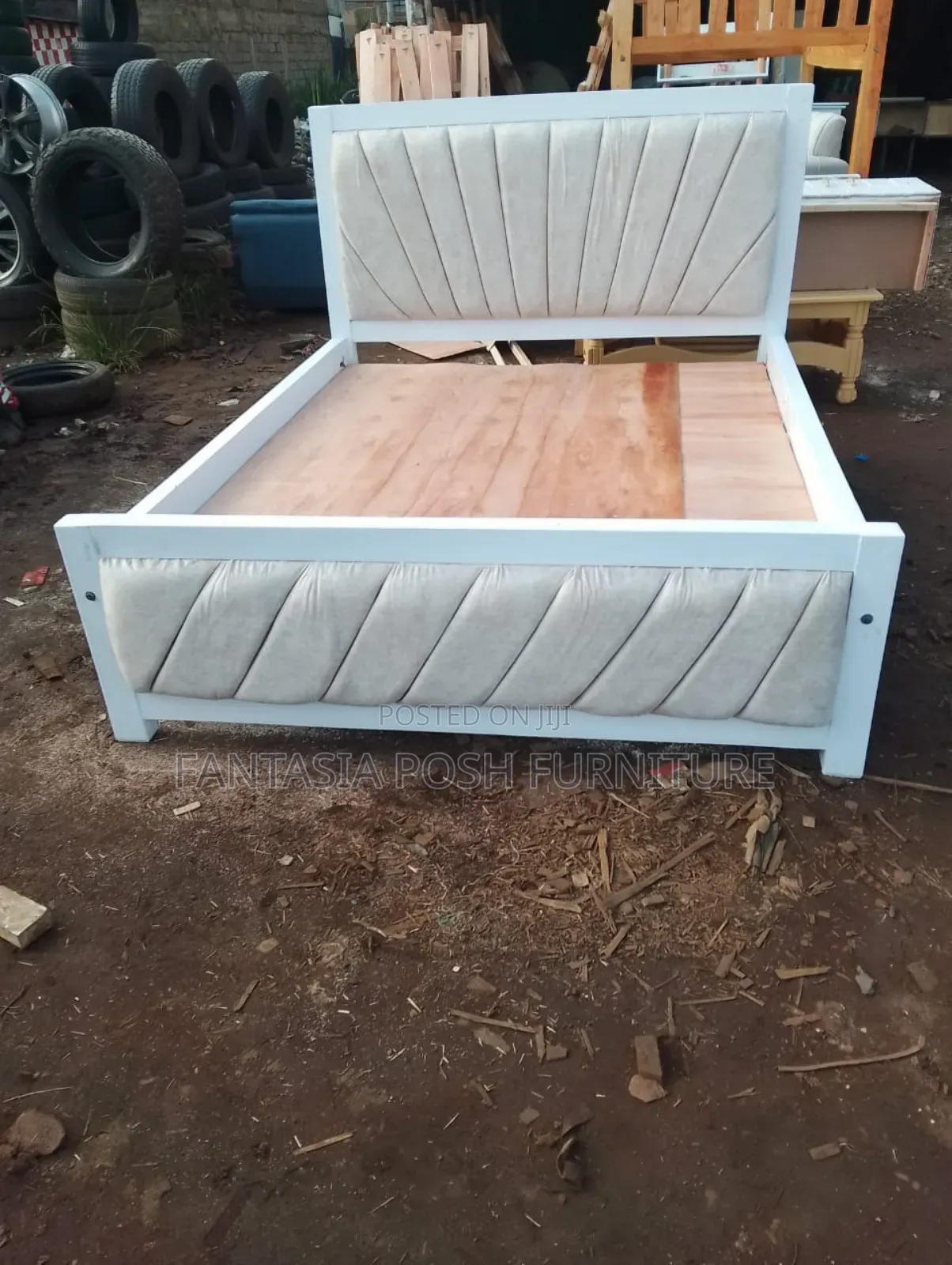 5x6 White Framed Bed in Textured Upholstery