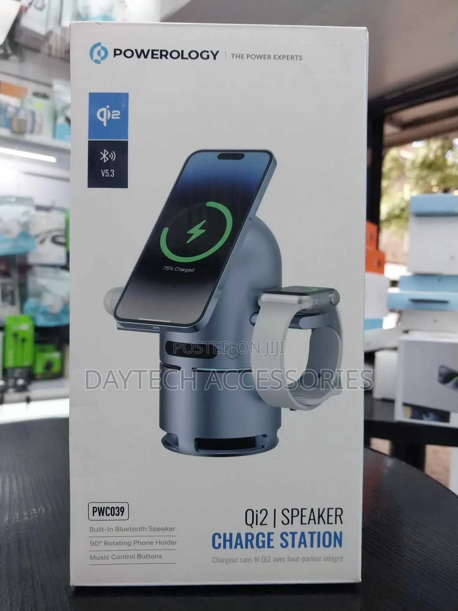 Powerology Qi2 Wireless Charging Station With Speaker Fast Charger.