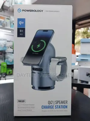 Powerology Qi2 Wireless Charging Station With Speaker Fast Charger.