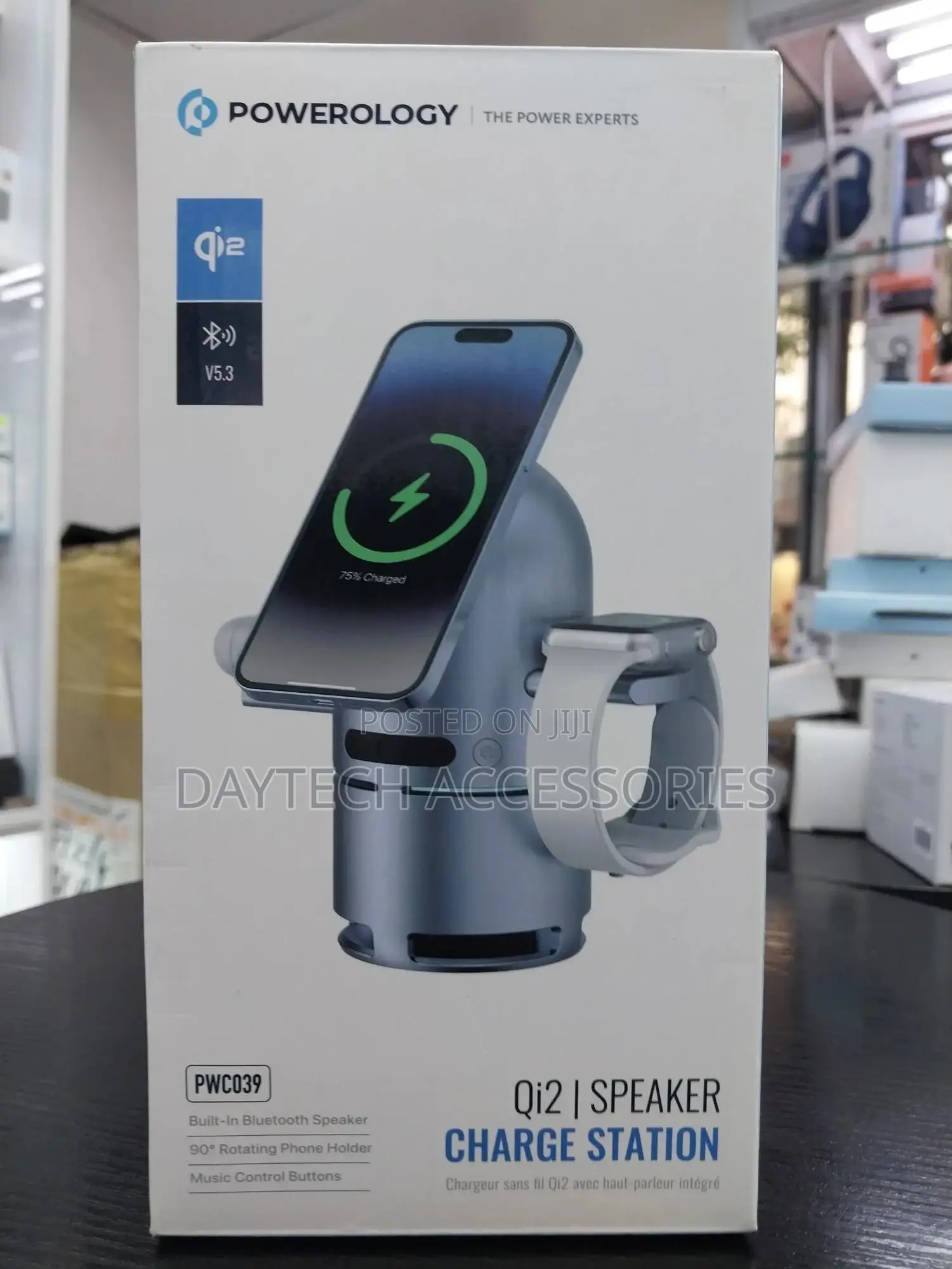 Powerology Qi2 Wireless Charging Station With Speaker Fast Charger.