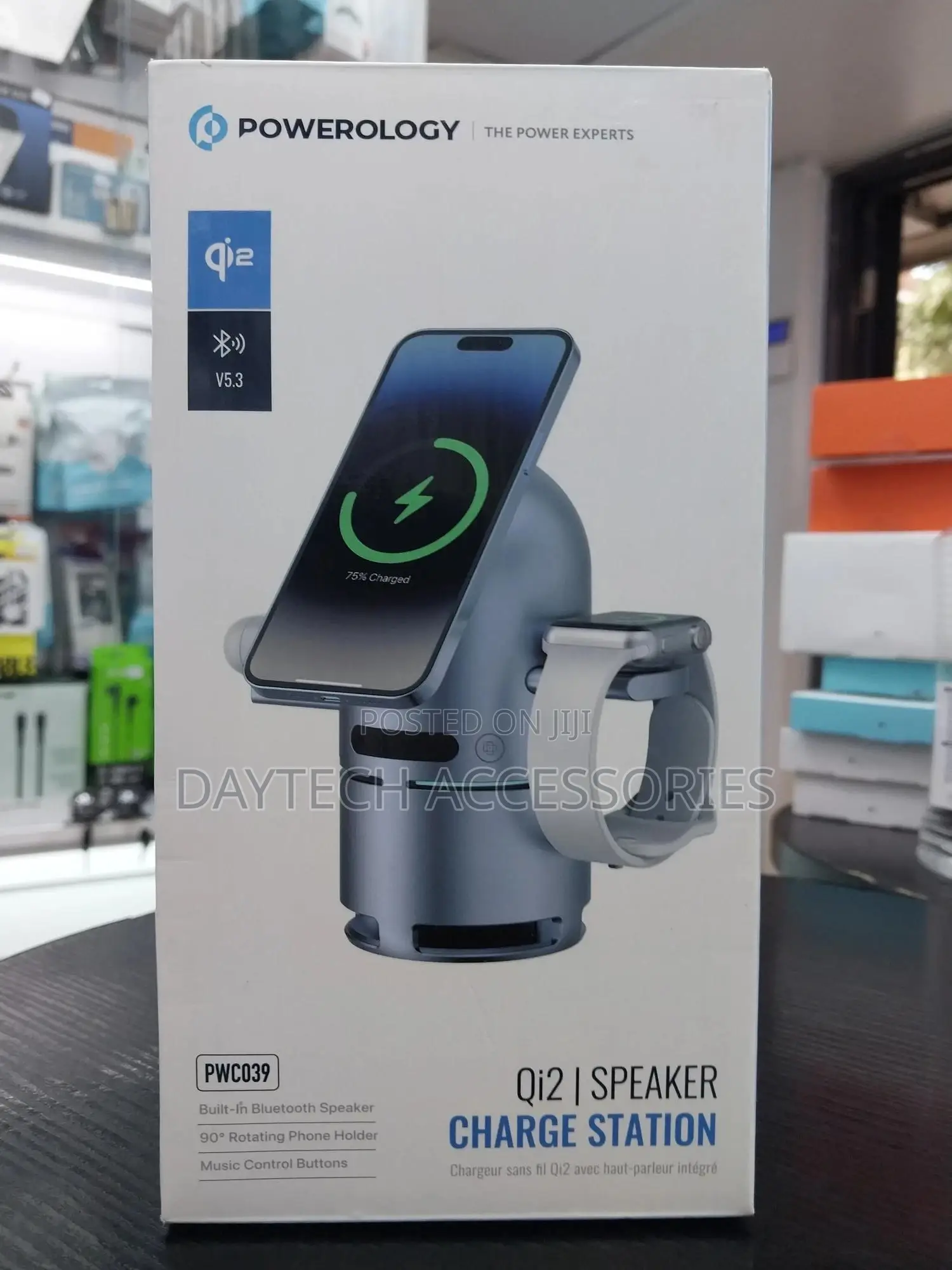 Powerology Qi2 Wireless Charging Station With Bluetooth Speaker.