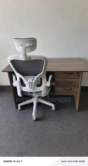 1.2 Mtrs American Walnut Office Desk+ High Back White Orthopedic Chair