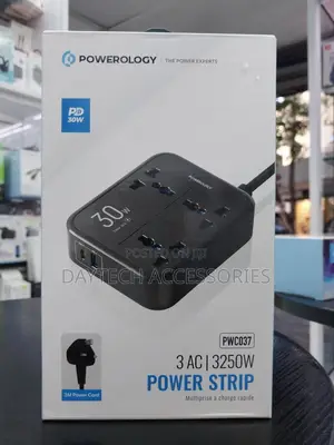 Powerology - 3 Ac Socket Power Strip With 2 Usb Ports - Black - 3250 W