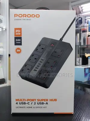Porodo Multi-Port Super Hub With 6 Ac Outlets 4 Usb-C Ports 2 Usb