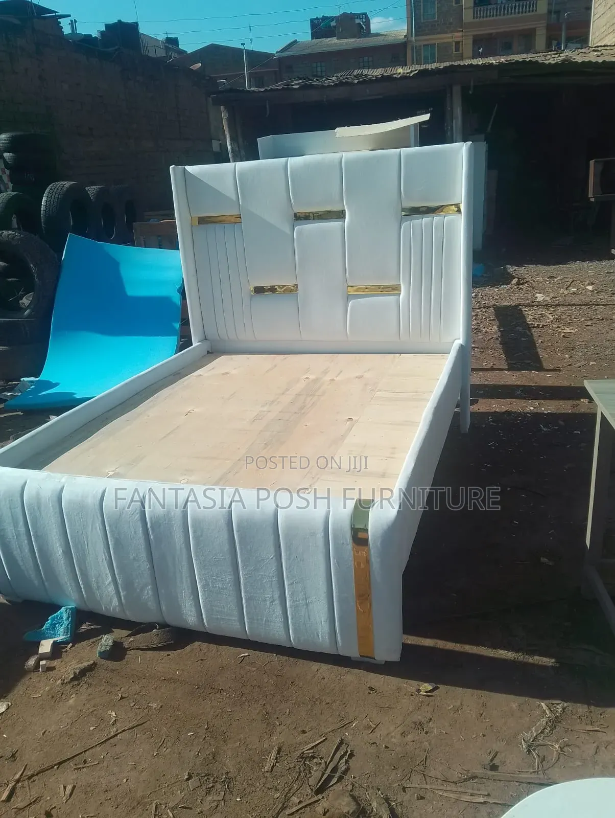 5x6 White Panel Bed With Gold Accents
