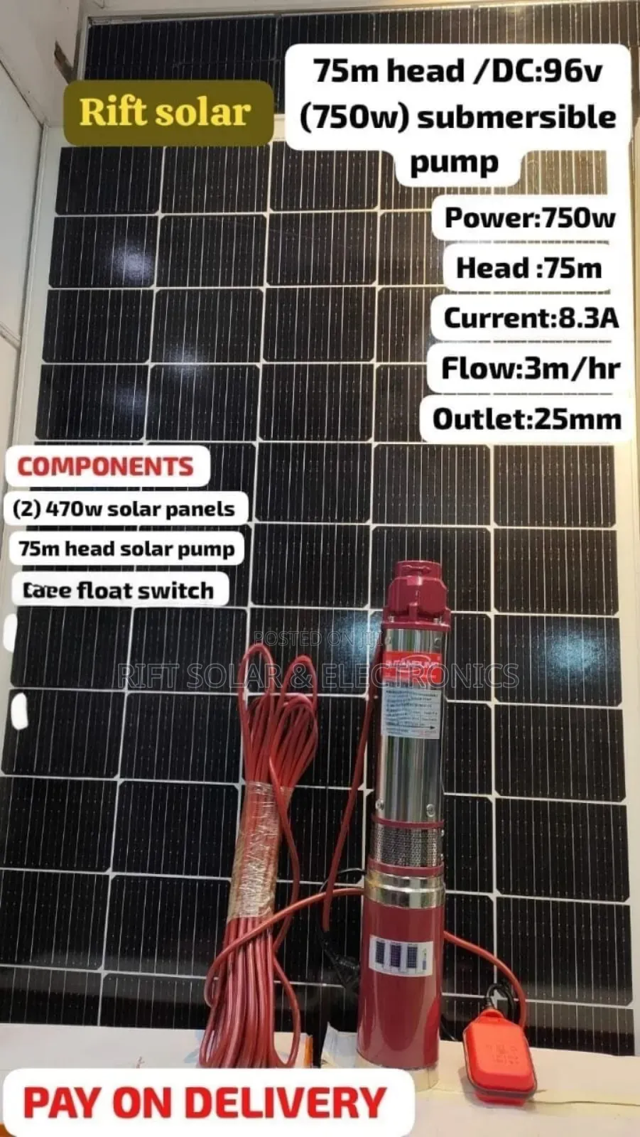 75 Meters Head 96v Dc Submersible Dc Solar Pump -(2)470w Solar Panels